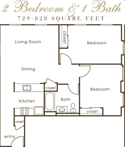 2 Beds, 1 Bath Model floor plan